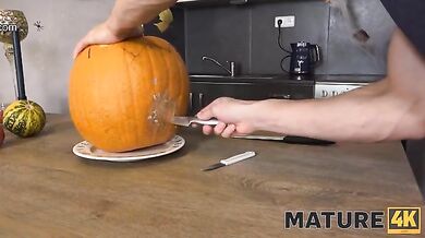 Mature woman makes it with stepson on occasion of Halloween