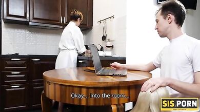 Woman is cleaning house while stepson is fucking stepsister