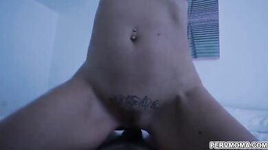 Stepson lets stepmom plays with his swollen tip