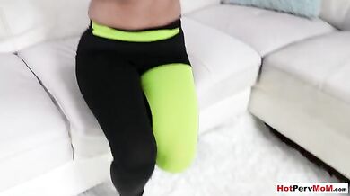 Busty MILF stepmother doing her workout on stepsons big cock