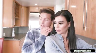 Busty stepmom deepthroats and rides on her stepsons big cock