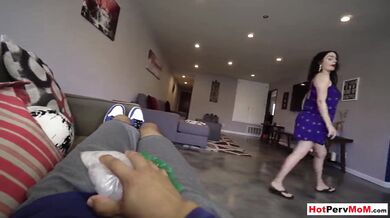 Careful MILF mom empties her stepsons saturated balls